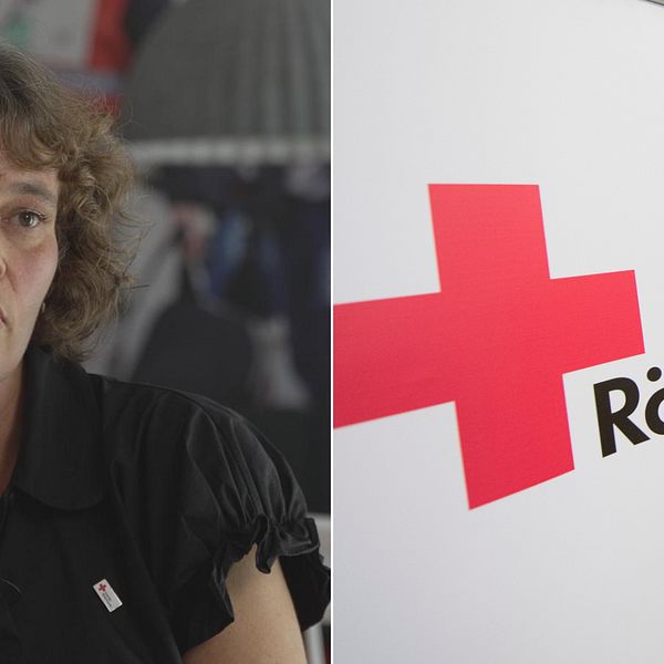 Karin Drackner, sakkunig på Röda korset (t.v.), Röda korsets logga (t.h.)