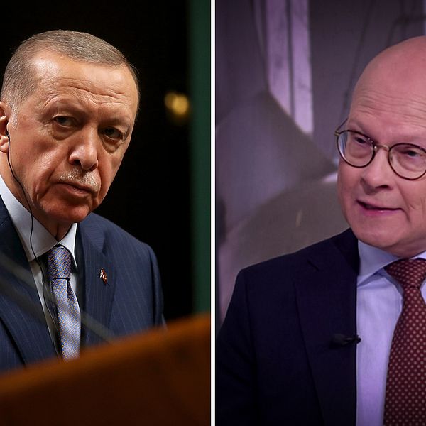 Turkiets president Recep Tayyip Erdogan bredvid bild på Mats Knutson, SVT:s inrikespolitiska kommentator.