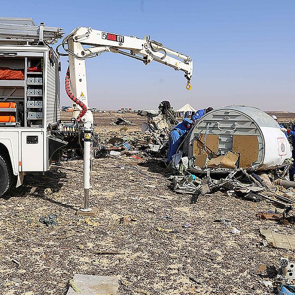 Ryska experter vid vraket av passagerarplanet som störtade i Sinaiöknen i Egypten.