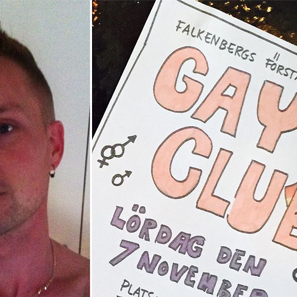 Stefan Andersson och an affisch för gayklubben i Falkenberg