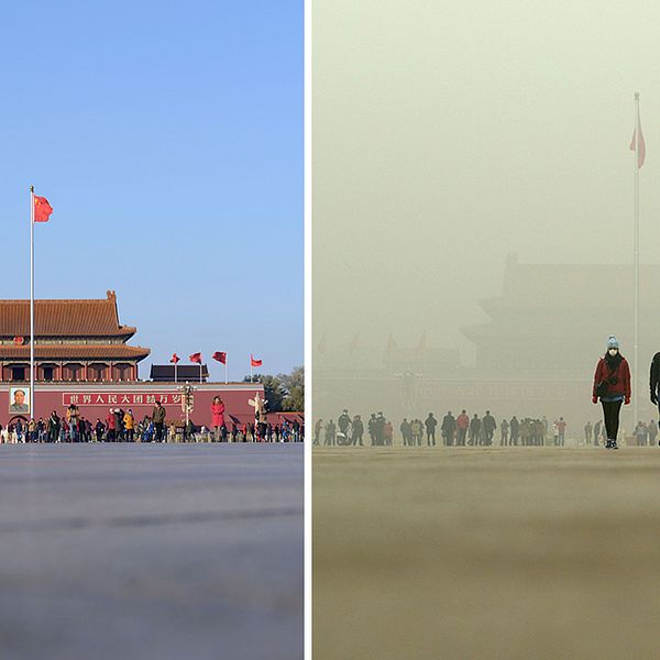 Bilderna från Himmelska fridens torg i Peking, Kina, som visar på skillnaden i luftkvalitet mellan den 1 december – då huvudstaden var tungt förorenad – och den 3 december då luften förbättrats. Nu har myndigheterna utfärdat ett akut smoglarm och skolorna tvingas stänga.