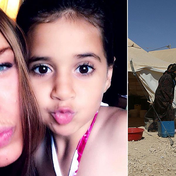 Hanna Andersson har tagit hand om två ensamkommande syriska barn som bott i flyktingläger i Jordanien i flera år. På bilden till vänster syns Hanna och den sjuåriga flicka som nu bott hos henne i mer än ett år. På bilden till höger FN:s flyktingläger Zaatari i Jordanien.