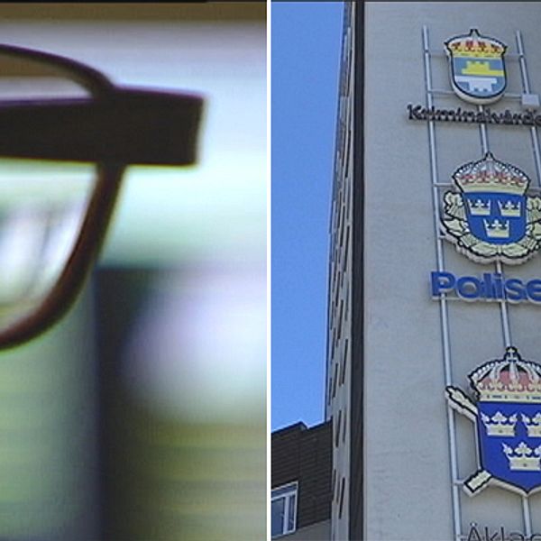 En delad bild. Till vänster en man med glasögon i oskärpa. Till höger fasaden på polishuset i Uppsala med Kriminalvårdens, polisens och Åklagarmyndighetens logotyp på fasaden.