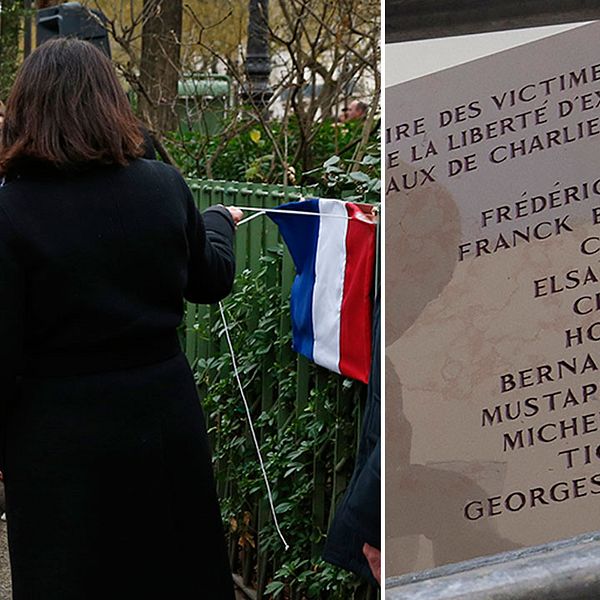 President François Hollande och borgmästare Anne Hidalgo avtäcker en plakett till minne av polisen Ahmed Merabet. Till höger plaketten till minne av offren inne på Charlie Hebdo, med det felstavade namnet Wolinski längst ner.