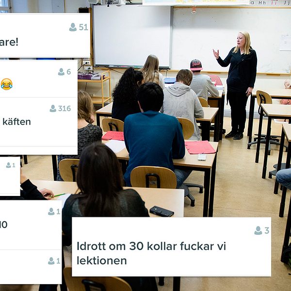 Rubriker på livesändingar hos Periscope samt ett klassrum.