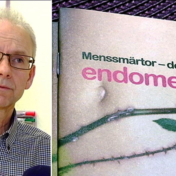 Till vänster: En bild på specialistläkaren Matts Olovsson. Till höger en bunt informationshäften om endometrios, med rubriken Menssmärtor – det kan vara endometrios.