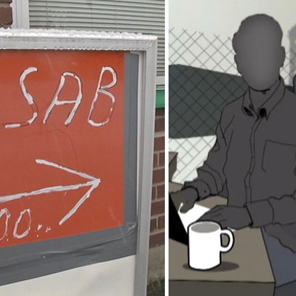 Skylt med texten ”JUSAB”. Till höger en animerad bild av person i förgrunden, en polisbricka i bakgrunden.
