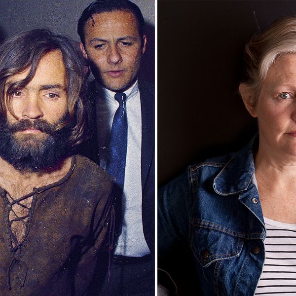 Montagebild på Charles Manson och Mary Harron.