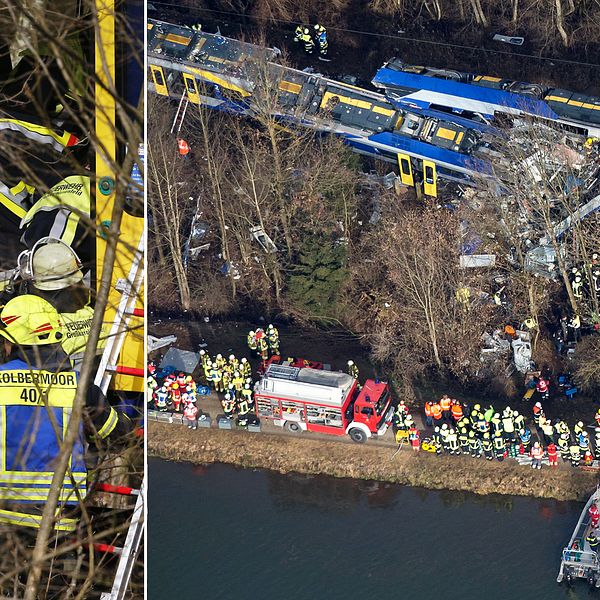 Flygbilder visar den massiva räddningsinsatsen utanför Bad Aibling, i södra Tyskland, där tågolyckan inträffade.