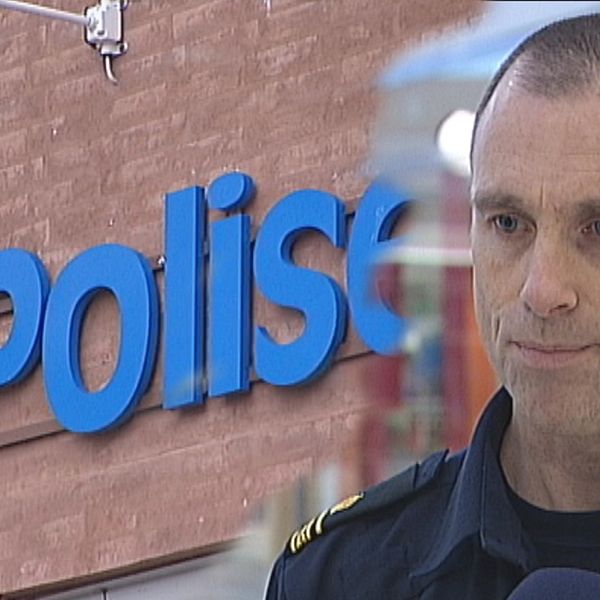 Polisskylt och Fredrik Malm, områdespolis