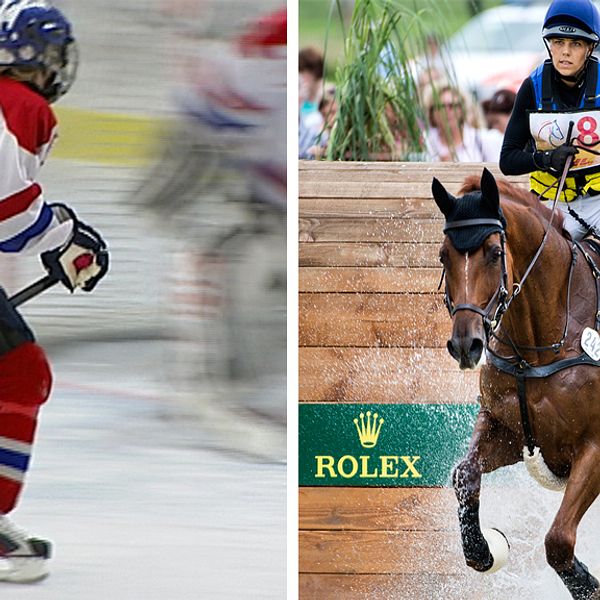 Bilden är ett montage med en hockeyungdom och en fältryttare till häst.