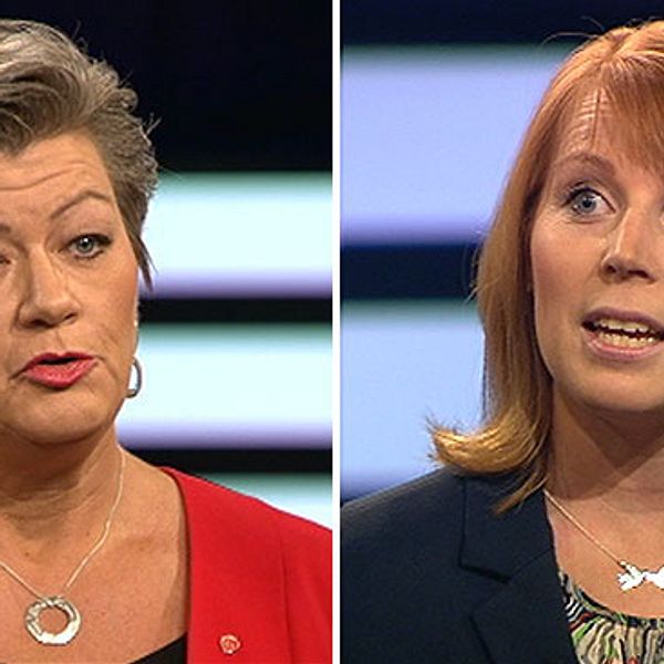 Arbetsmarknadsminister Ylva Johansson (S) och Annie Lööf, partiledare (C) i debatt i SVT:s Agenda om ingångsjobb