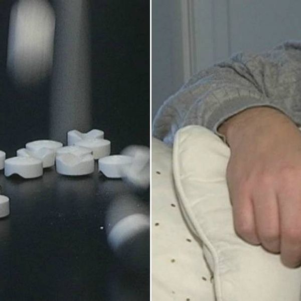 Bilden är ett montage och visar piller och en hand.