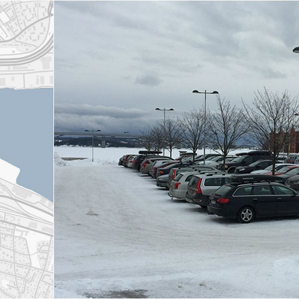 Bildmontage, karta över Finnkajen samt bild av nuvarande parkeringen