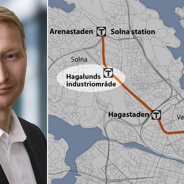 Pehr Granfalk (M), kommunstyrelsens ordförande i Solna, och karta över gula t-banelinjen.