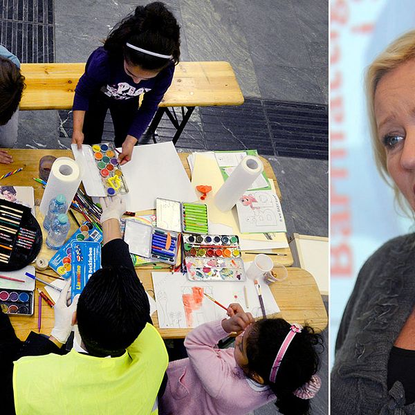 Flyktingbarn ritar teckningar vid ett bord. Till höger en bild på Elisabeth Dahlin, generalsekreterare för Rädda Barnen.