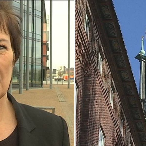 Delad bild: Till vänster, Mona Sahlin och till höger, Stadshuset.