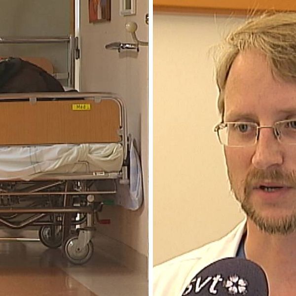 Jonas Lindeberg, Vård för pengarna, i en bild till höger och en sjukhussäng i en korridor till vänster.