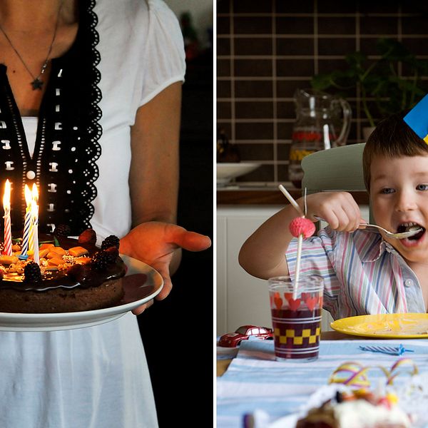 En tårta med ljus och en pojke som äter tårta.