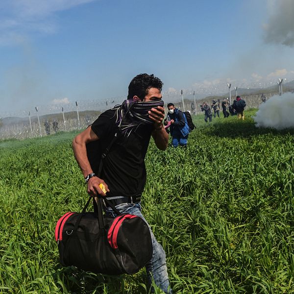 Den makedonska polisen kastar tårgas mot migranter och flyktingar.
