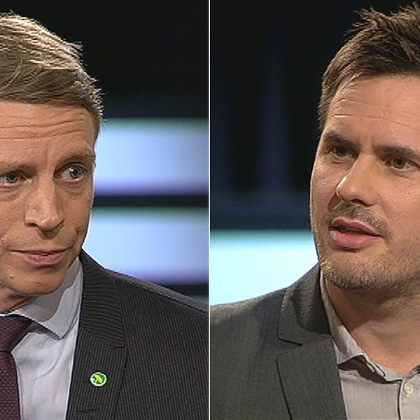 Finansmarknadsminister Per Bolund (MP) och Jakob König, bankexpert på Sveriges konsumenter, i Agenda.