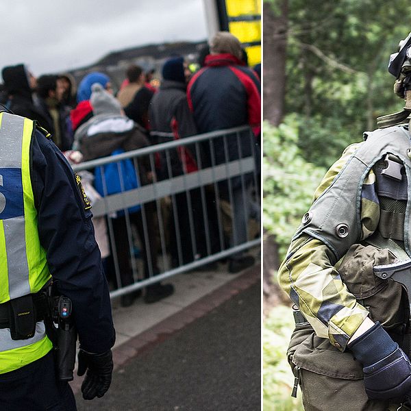 Polis vid gränsskontroll och en kamoflagesminkad soldat.