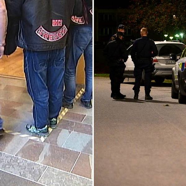 Män i MC-västar och polismän vid en polisbil.