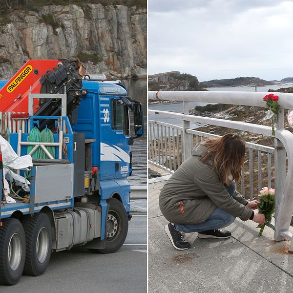 Delar av den störtade helikoptern fraktas bort från Turøy och en person lägger blommor för att hedra offren.