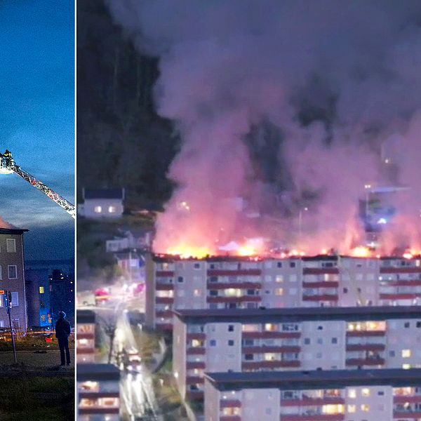 Drönarbilder över Nygatan i Huskvarna visar brandens omfattning.