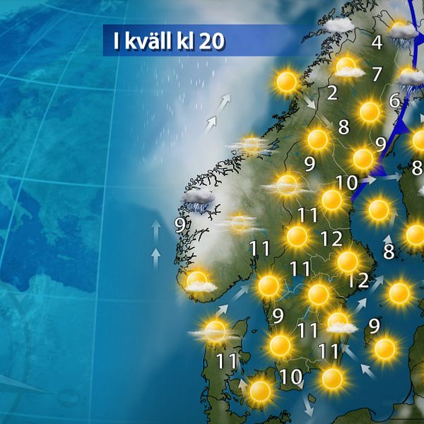 I kväll: Uppehåll. Till kvällen har det mesta av regnet i norr dragit bort österut och det blir en klar och fin kväll i hela landet. Till natten sjunker temperaturerna återigen och det finns risk för frost en bra bit ner i Svealands och Götalands inland.