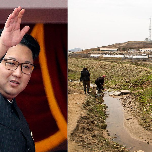 Nordkoreas ledare Kim Jong Un och nordkoreaner på landsbygden som står på en förstörd åker.