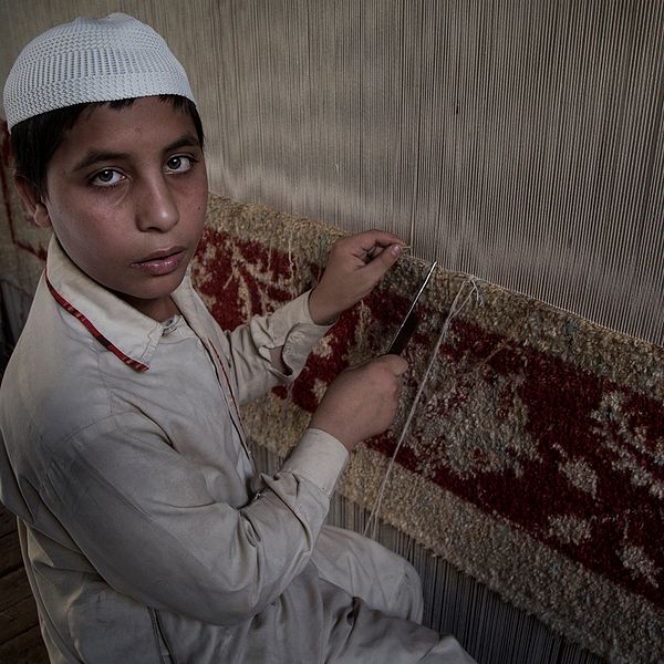 Muhammad är 8 år, eller det är vad han tror, han vet inte säkert och är den äldsta av de tre bröderna som alla sitter vid den slitna vävstolen i deras hem utanför Peshawar.