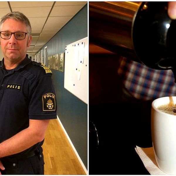 Polisen Michael Lindquist och en termos som fyller en kaffekopp.