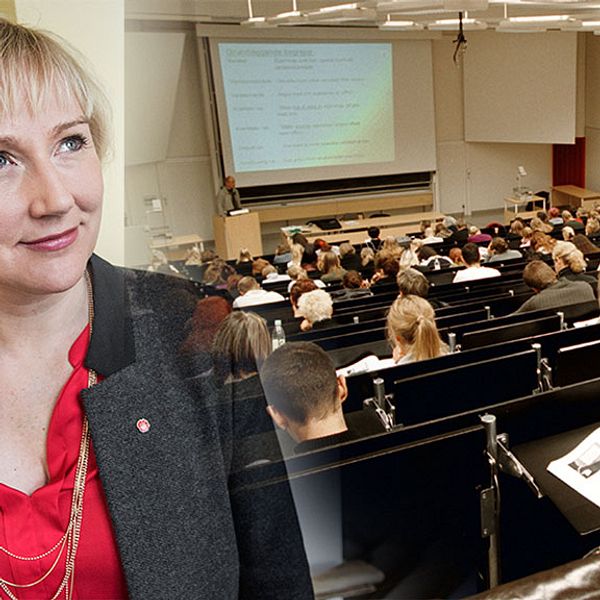 Helene Hellmark Knutsson (S), minister för högre utbildning och en föreläsningssal
