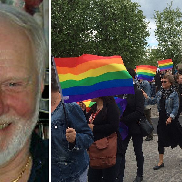 Kyrkopolitikern Bruno Edgarsson i Ljungby och bild på pridetåget genom Växjö