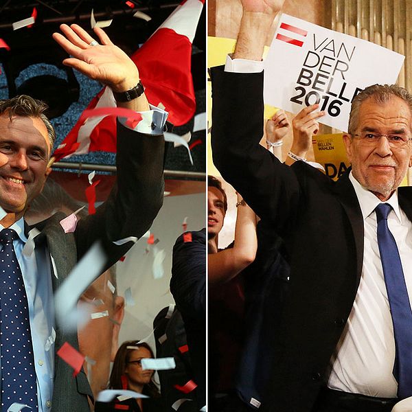 Alexander Van der Bellen, till höger i bild, vann presidentvalet Men nu överklagar högerpopulistiska partiet FPÖ resultatet. Till vänster i bild FPÖ:s kandidat.