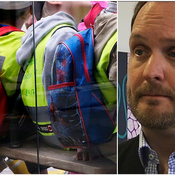 Montage: Förskolebarn som sitter på rad och Jörgen Berglund (M)