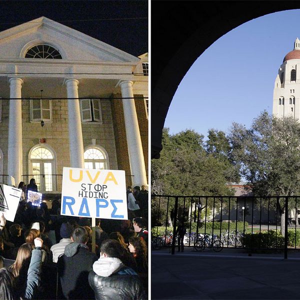 Protester vid ett uppmärksaammat våldtäktsfall vid University of Virginia 2014 samt bild från University of Stanford.