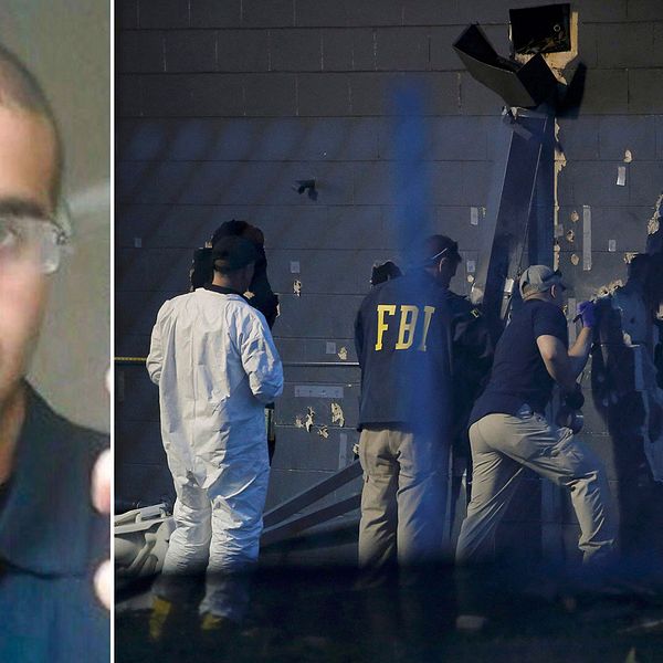 En bild på den utpekade gärningsmannen Omar Mateen. Polisens tekniker undersöker brottsplatsen i Orlando.