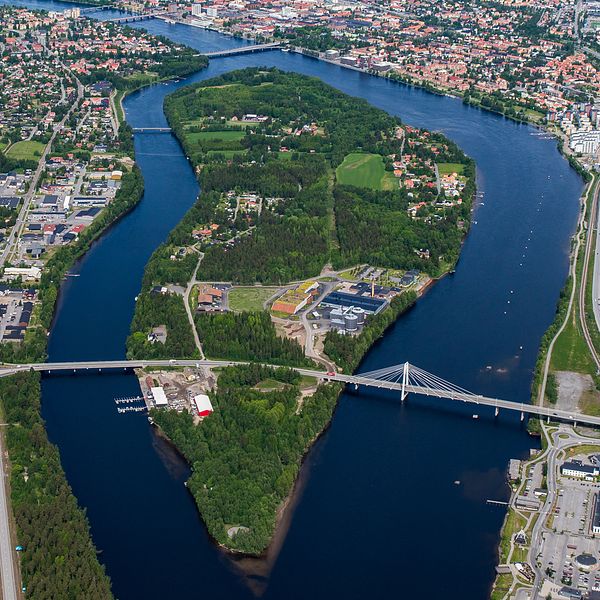 flygbild över Ön i Umeå, foto från Umeå kommun, stadsbild, översiktsbild, sommarbild