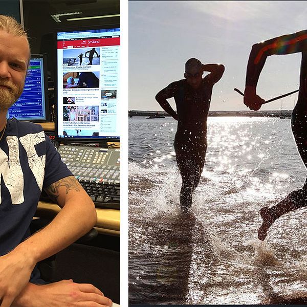 SVT Nyheter Smålands redaktör Erik Nielsen och bild på simmare på väg upp ur vattnet under Ironman.