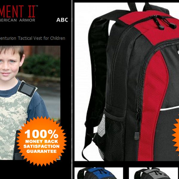 Ett barn som står iklädd en skottsäker väst och en skottsäker ryggsäck.
