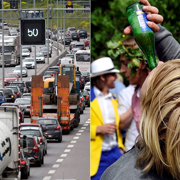 Midsommartrafik och midsommarfirande.