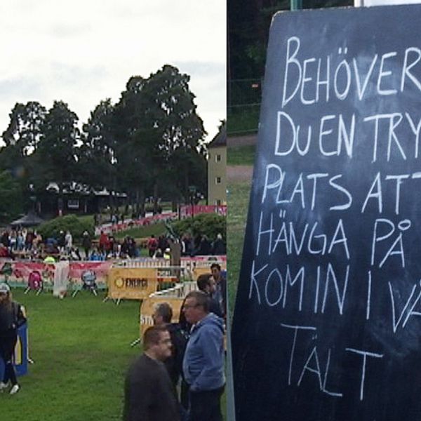 Putte i parken festivalområde och en skylt från Tjejjourens tält på området.