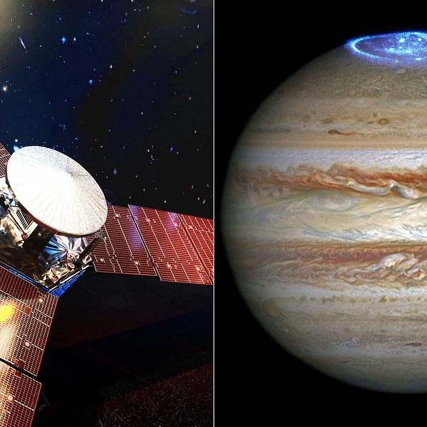 Modell av den solkraftsdrivna rymdsonden Juno och Jupiters ultravioletta norrsken.