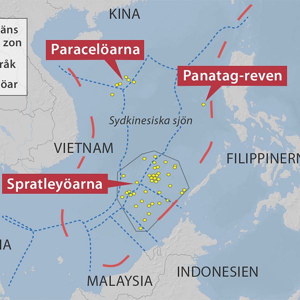 UNCLOS är gränserna på 200 sjömil för Kinas grannländer enligt FN:s havsrättsavtal. De röda linjerna betecknar de kinesiska kraven på havet.