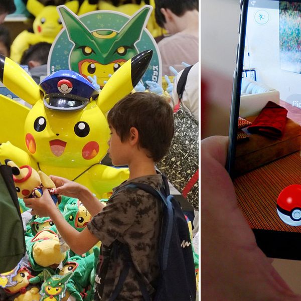 En butik med Pikachu-figurer, samt bild av någo nsom spelar Pokémon Go.