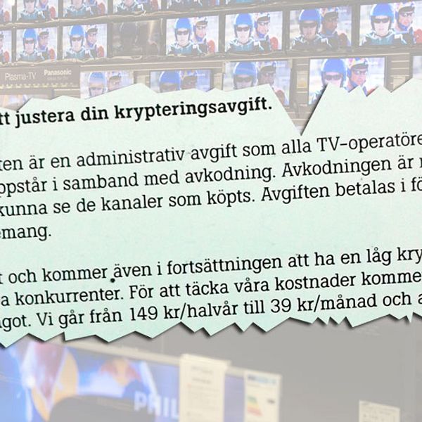 Exempel på hur kabel-tv-leverantören Tele2 meddelade en av sina kunder om höjningen av ”krypteringsavgiften”.