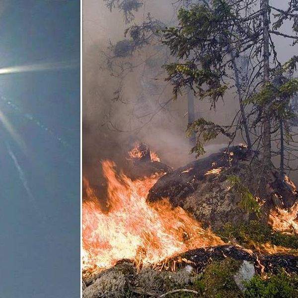 Delad bild: en sol och en skogsbrand.
