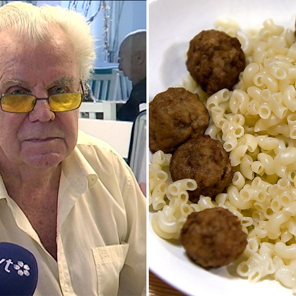 Pensionären Per Allan och en tallrik med köttbullar och makaroner.